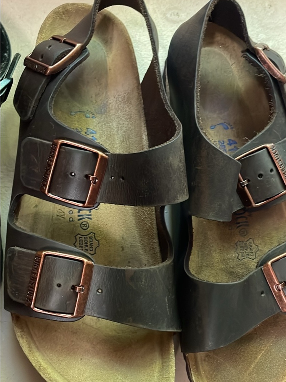 Birkenstock Dark Brown Leather Dual-Buckle Sandals with Copper Buckles